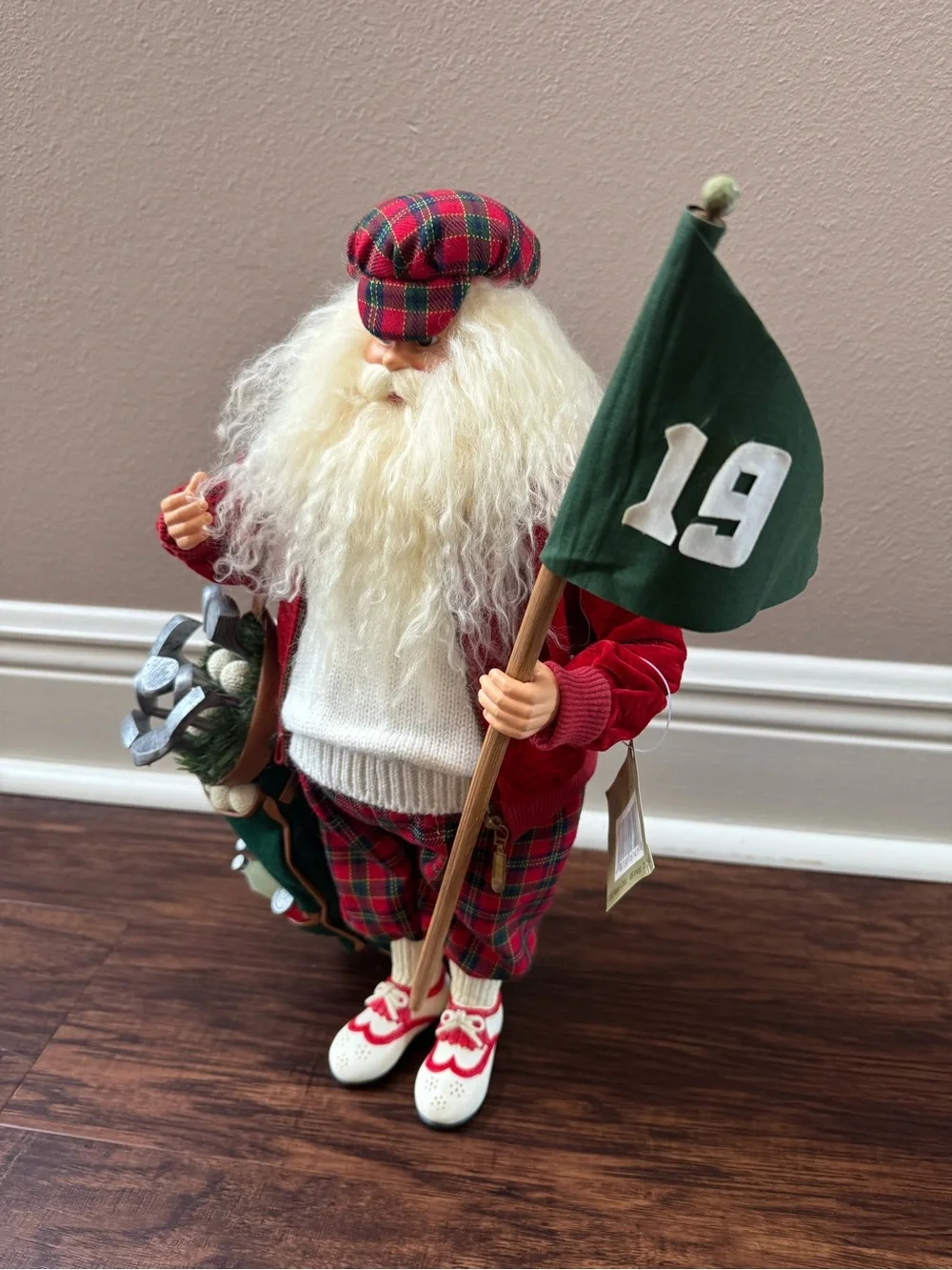 Festive Plaid Santa Golfer Holiday Figurine in Red and Green